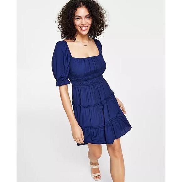 49$ Trixxi Tiered Fit & Flare Tiered Skirt Mini Dress Juniors Size L Navy Blue - Picture 1 of 4